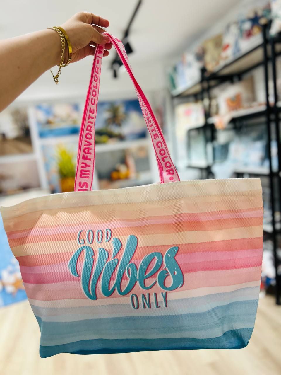 “Good vibes only” stripped beach bag